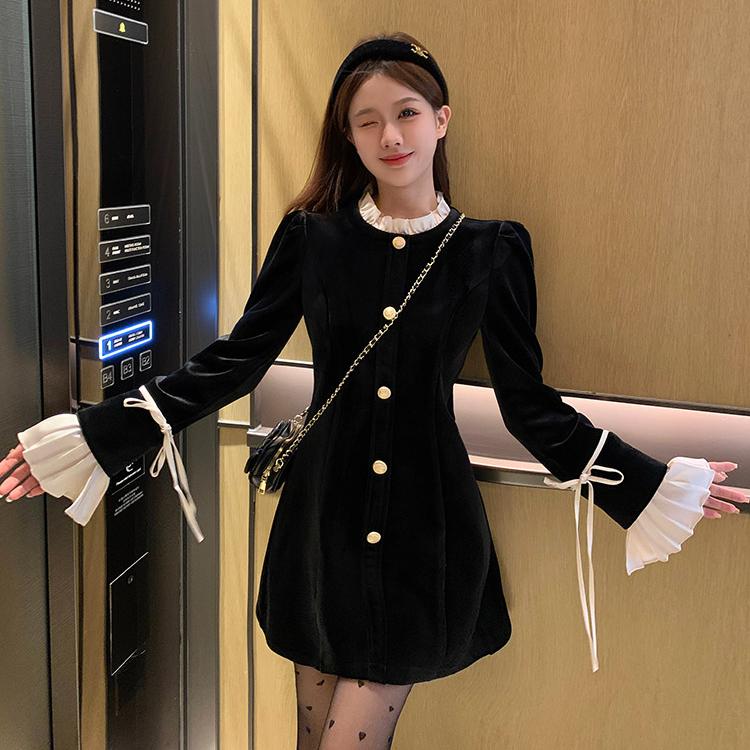 Women's Velvet Mini Dress Y2K Ruffles Patchwork O-neck Lace Up Long Sleeve French Vintage Elegant Evening Party Vestidos Mujer