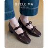 Sheepskin~ Genuine leather single shoes women's thick heels are not tired of high heels, ballet shoes retro bow Mary Jane shoes