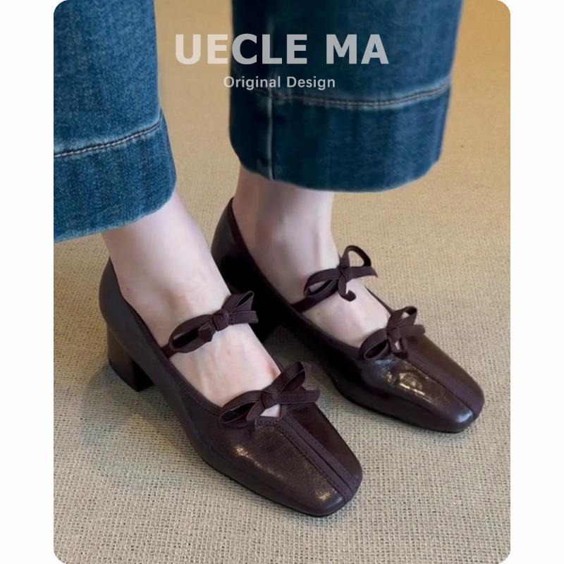Sheepskin~ Genuine leather single shoes women's thick heels are not tired of high heels, ballet shoes retro bow Mary Jane shoes