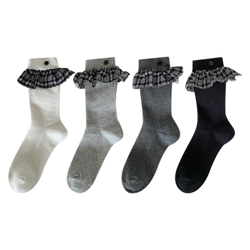 Frühlings- und Herbst-Spitzen-Karosocken für Damen, Mid-Calf-Frotteesocken, Modische und trendige Socken