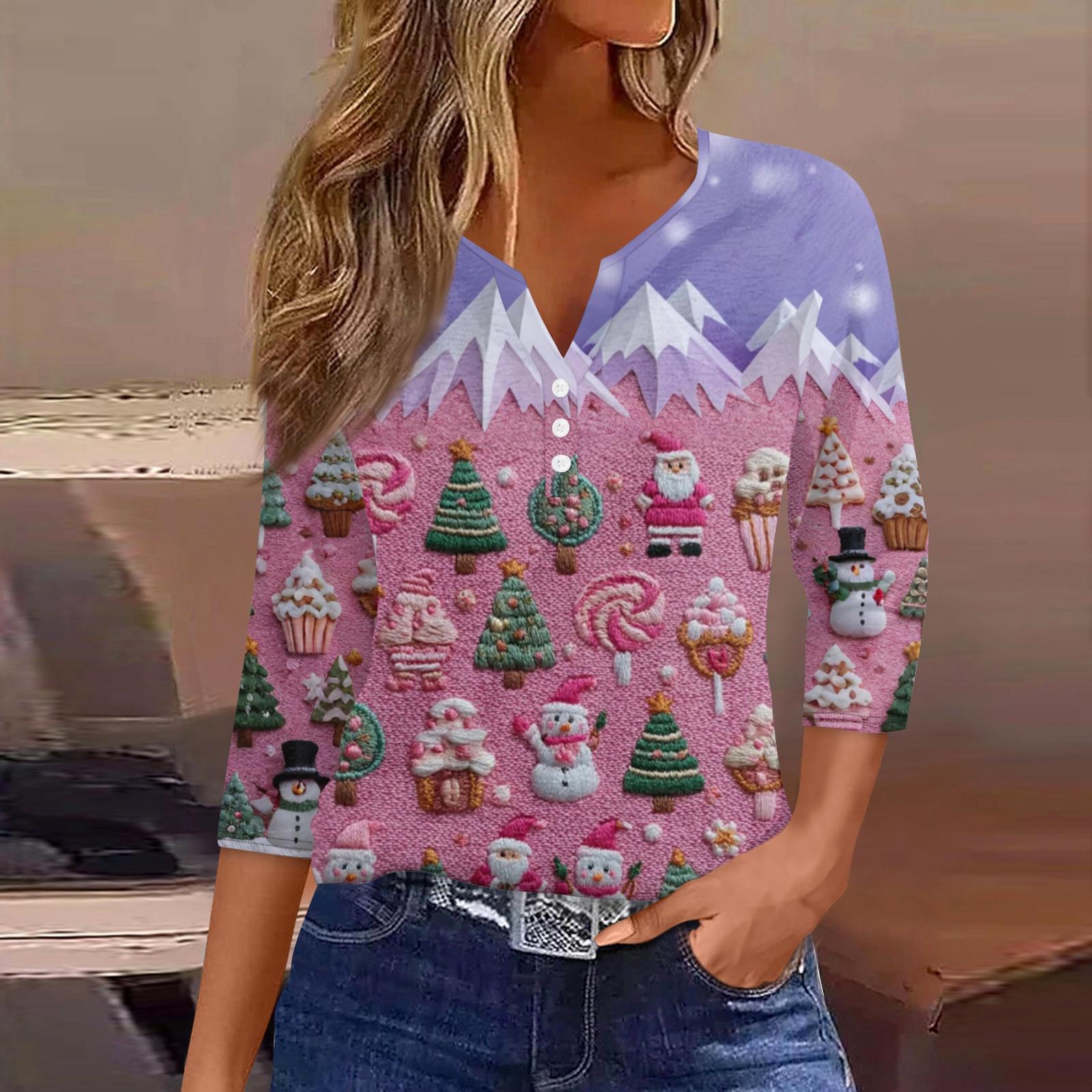 

Женская модная повседневная рождественская блузка с V-образным вырезом и рукавом три четверти, украшенная пуговицами XXL