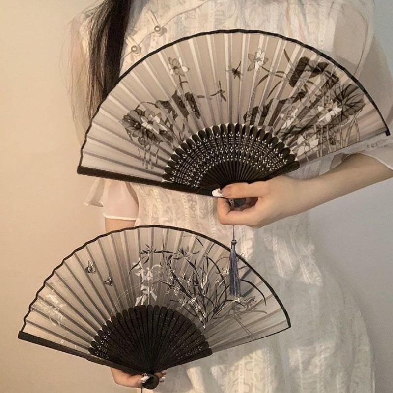 Chinese Folding Fan Wash Painting Traditional Decorative Hand Fans Classic Versatile Dancing Tassel Home Decoration Elegant New