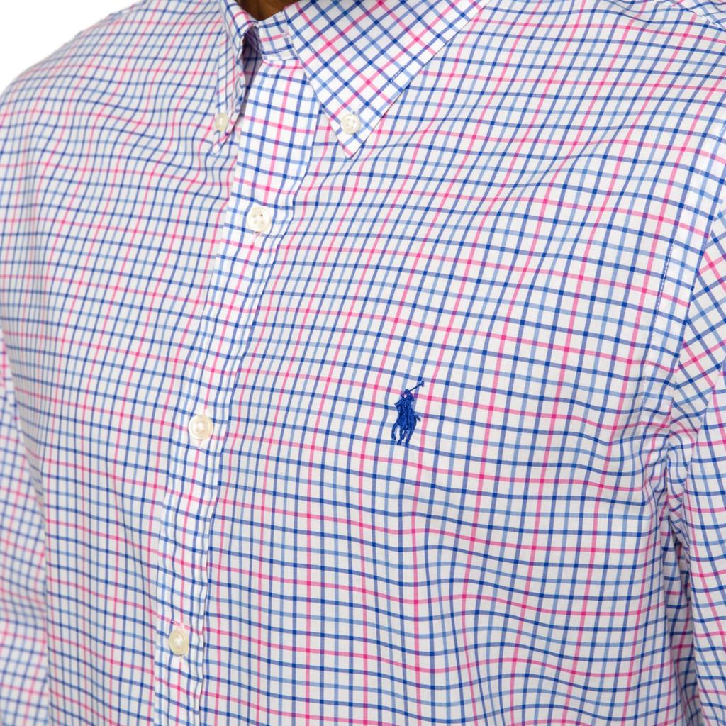 Polo Ralph Lauren Plaid Pony Logo Embroidered Poplin Long Sleeve Shirt Men Shirts Blue Pink 710784272-001