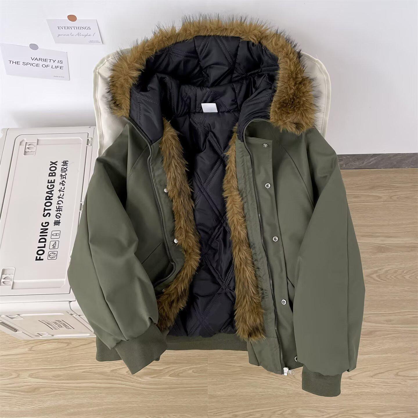 

Unisex Winter Retro Thickened Cotton Jacket with Large Fur Collar Hood XXL зелений