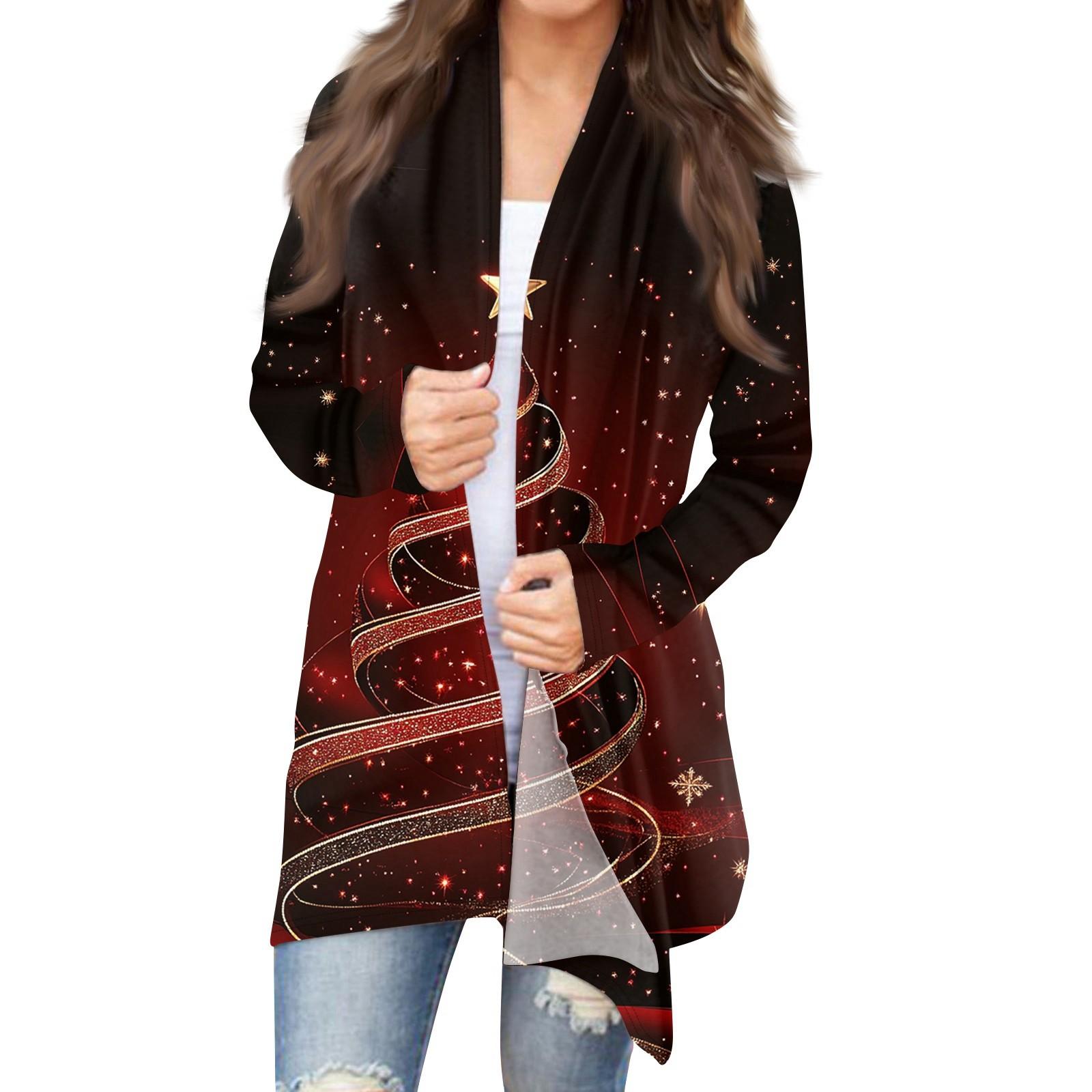 

Женская модная рождественская куртка с принтом, повседневный кардиган с длинным рукавом, пальто M винный
