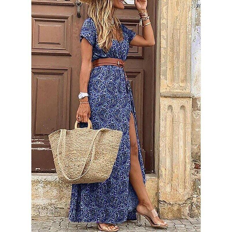 Summer Fashion V-neck Floral Dress for Women Vintage Boho Floral Printed Long Dresses