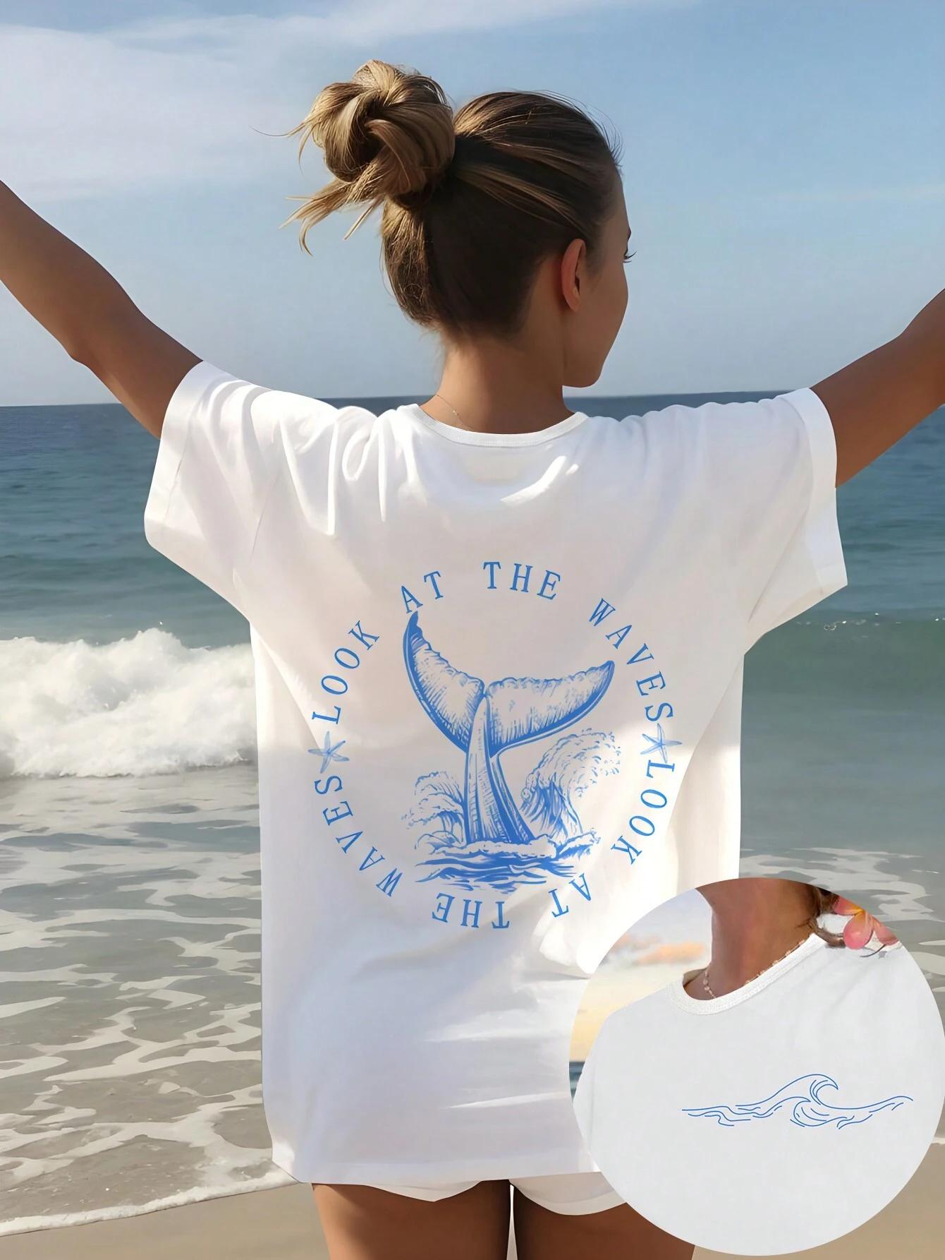 

Модная летняя футболка с коротким рукавом в стиле кэжуал Посмотри на волны Футболка для девочек с принтом китового хвоста и надписью S