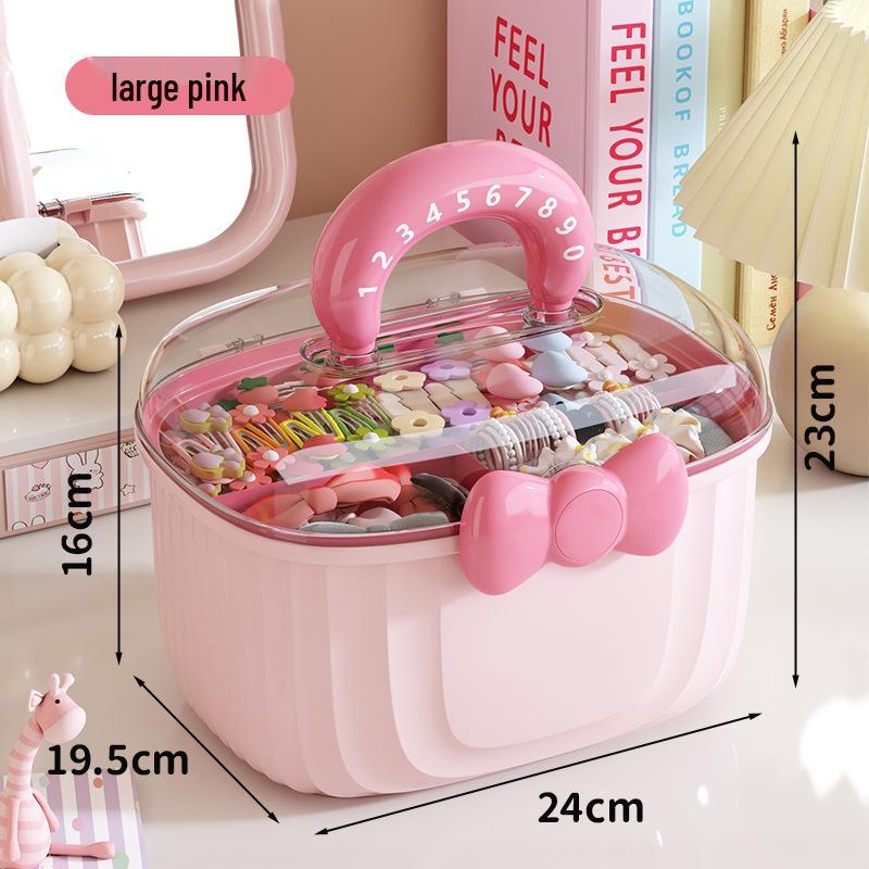 Cute Transparent Double-Layer Handheld Storage Box with Lid and Divided Compartments for Children's Hair Accessories and Jewelry.