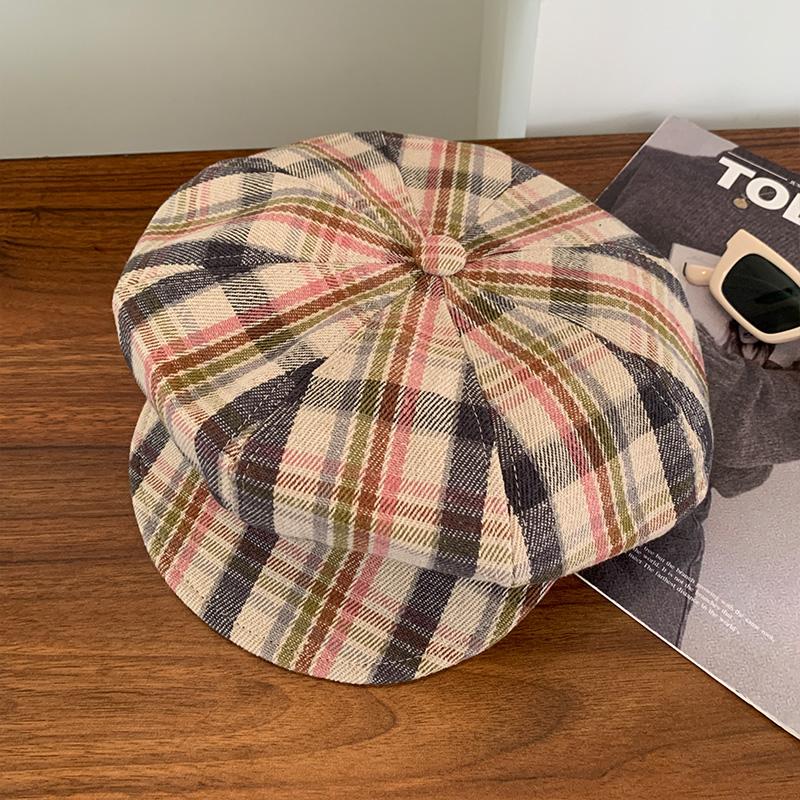 Red Plaid Painter Hat Female Fashionable Beret Showing Face Small Peaked Hat Big Head Circumference Cloud Hat Versatile Octagonal Hat
