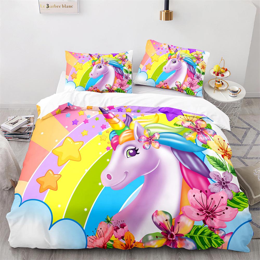 Unicorn Rainbow Duvet Cover Set King Twin Full Size Kids Boy Girl Bedding Set Colourful Cartoon Child Polyester Comforter Cover