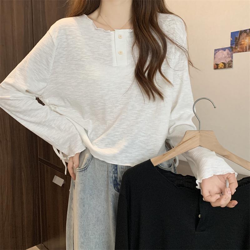 Spring Plus Size Loose Round Neck T-shirt with Irregular Lace-up Hem L