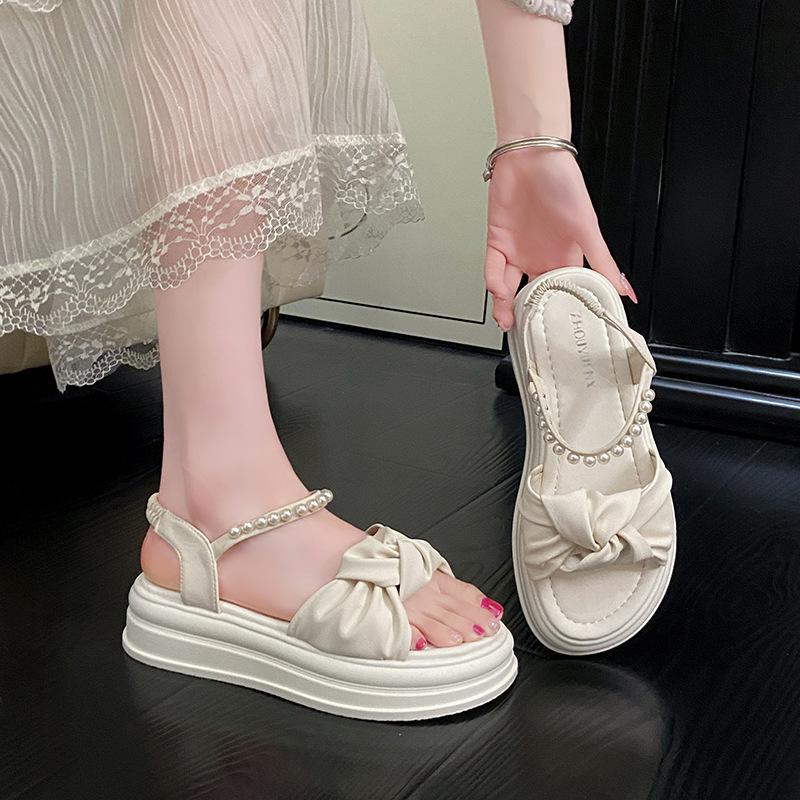 Bow pearl belt muffin bottom platform sandals women's 2025 summer new fashion simple beach soft sole women's shoes