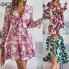 Autumn and Winter Casual Flower Long-sleeved Black Ear-trimmed A-line Dress Women's Clothing
