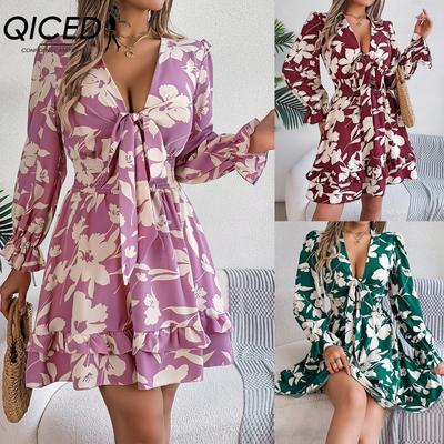 Autumn and Winter Casual Flower Long-sleeved Black Ear-trimmed A-line Dress Women's Clothing