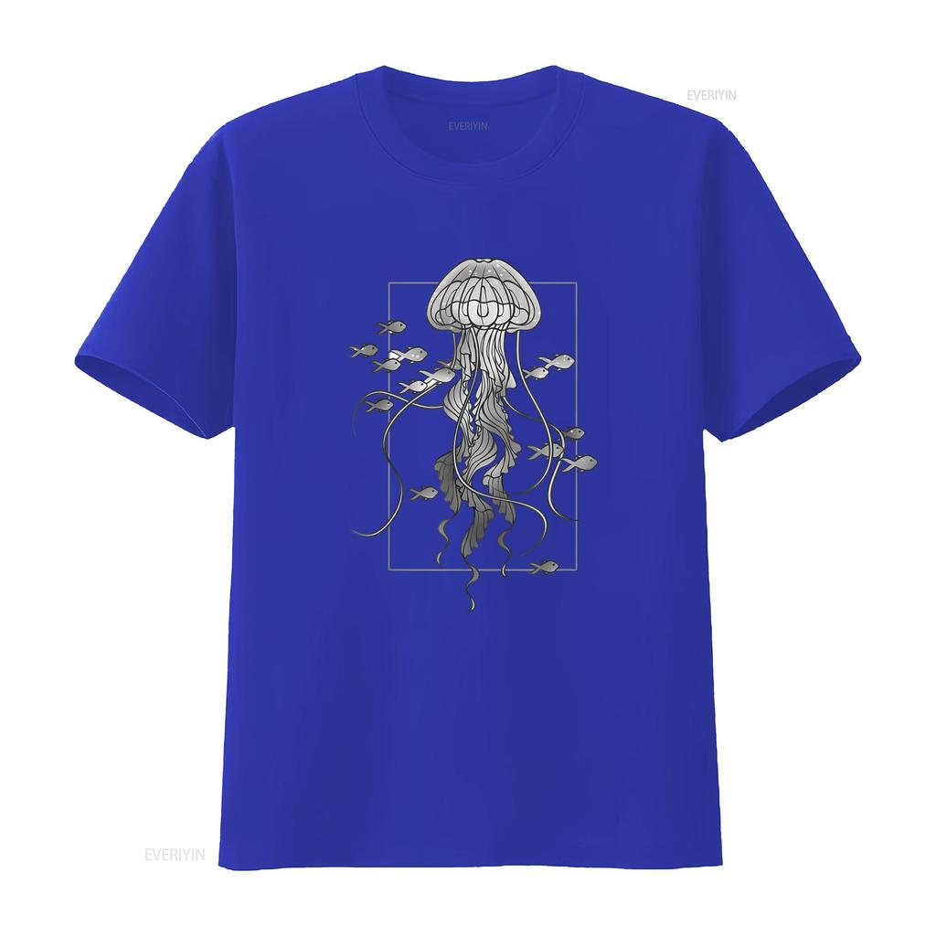 Jellyfish with Fishes In Sea T Shirt Vintage Washed Homme Slightly Streetwear Fashion Breathable Versatile Designer Clothes
