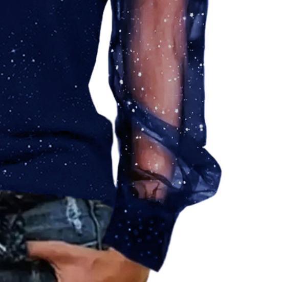 Women T-shirt O-neck Mesh Hollow Puff Long Sleeves Soft Stretchy Tops Shiny