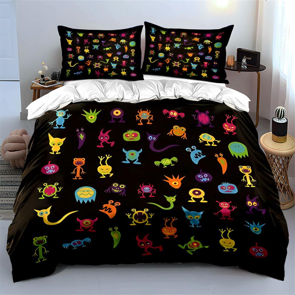 Cartoon Monster Print Kids Decor Multiple Sizes Kid'S And Adults' Bedroom Exquisite 3Pc Bedding Set, Gift