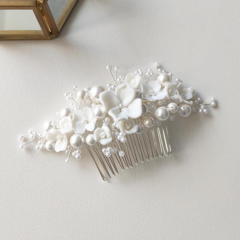 Diadema da Sposa Fiore in Argilla Ceramica Cristallo Perla Pettine per Capelli Spille Accessori Copricapo da Donna per Matrimonio Festa Idee Acconciature