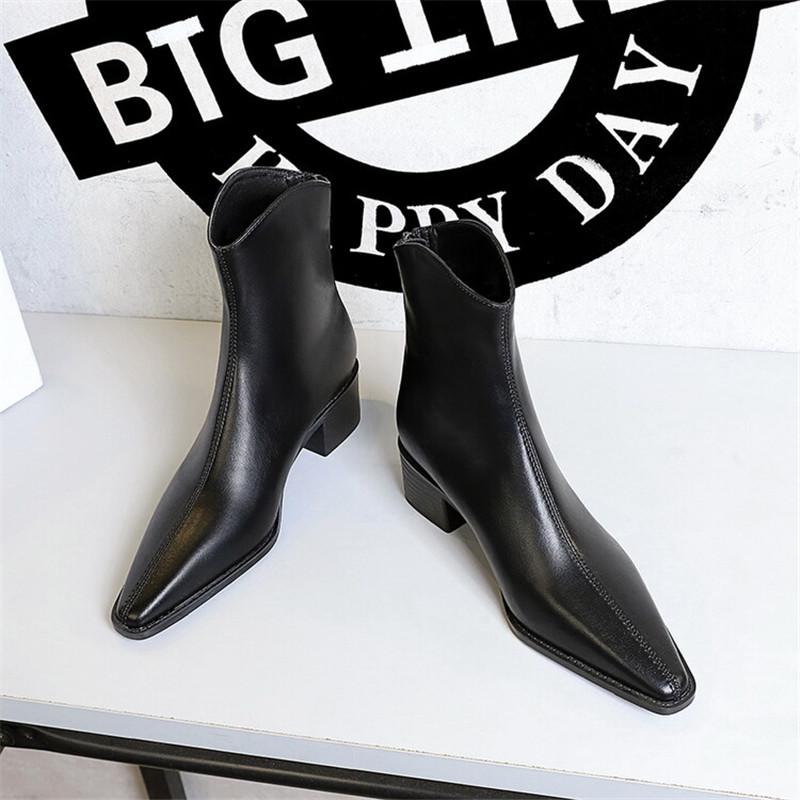 Fashion New Autumn Winter PU Leather Women Boots Fashion Pointed Toe Chelsea Boots for Women Black Short Boots Chunky Heel Botines Mujer