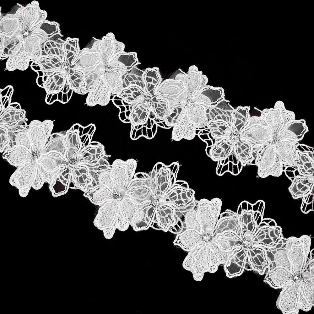 Decorative Fabric 3D Design Pearl Beads Lace Trim Flower Pattern Pearl Beads Embroidered Fabric Embroidered Lace L