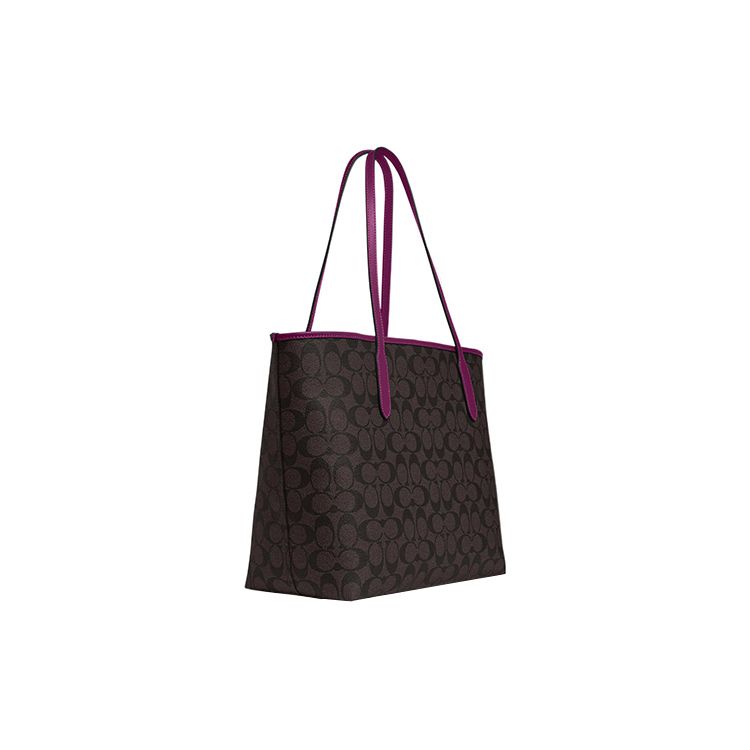 Coach City 33 Classic Monogram Snap Closure Canvas And Leather Detail Tote Bag Women tote bags Brown Crimson 5696-IMV7U