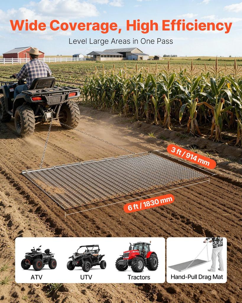 Drag Harrow, 1.8x0.9 M, High-Efficiency Chain Harrow Rake, ATVs UTVs Tractors Attachments, Durable Galvanized Steel Mesh Drag Mat with Towing Chain,