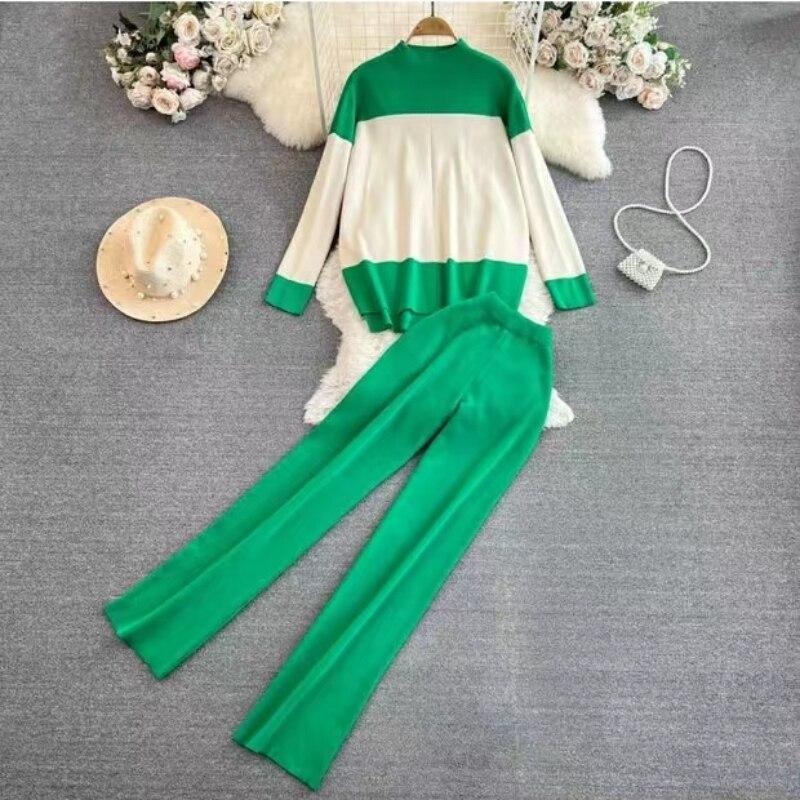 

Элегантные женские свитера с длинными рукавами, вязаные костюмы из 2 предметов, повседневные женские вязаные свитера и длинные широкие брюки, комплекты из двух предметов One Size зелёный