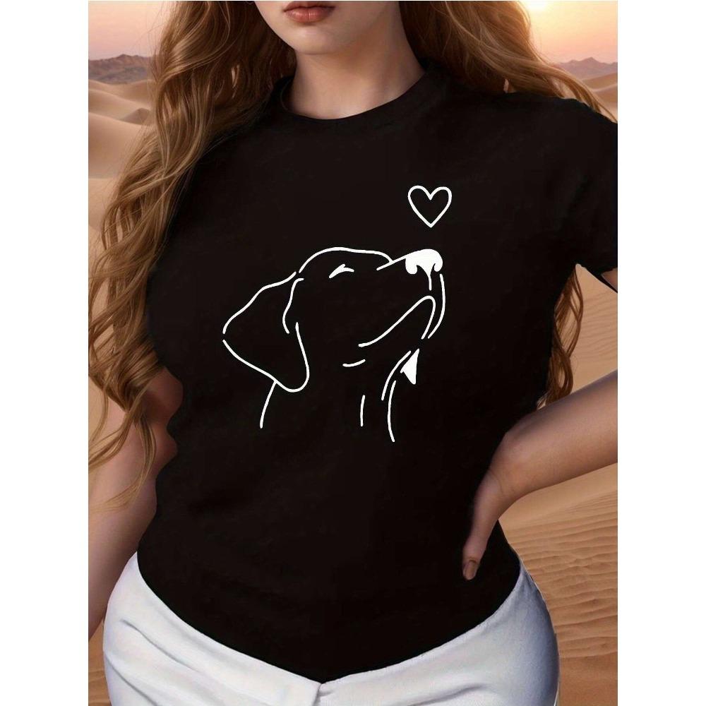 Ladies' Cotton T-shirt with Dog and Heart Patterns Casual Round Neck Short Sleeved Top Fashionable and Simple Style