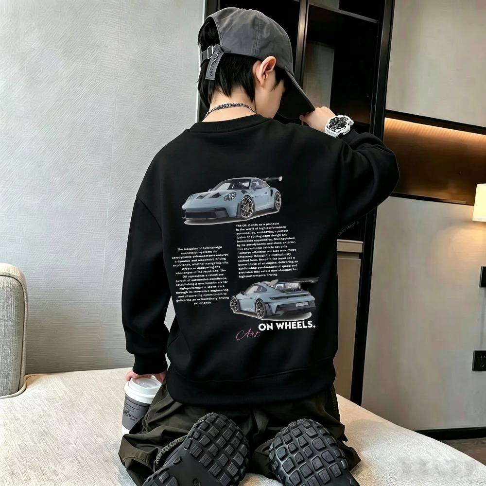 Autumn Winter Kids Crew Neck Sweatshirt Racing Car Graphic Back Print Boys Girls Casual Pullover Tops