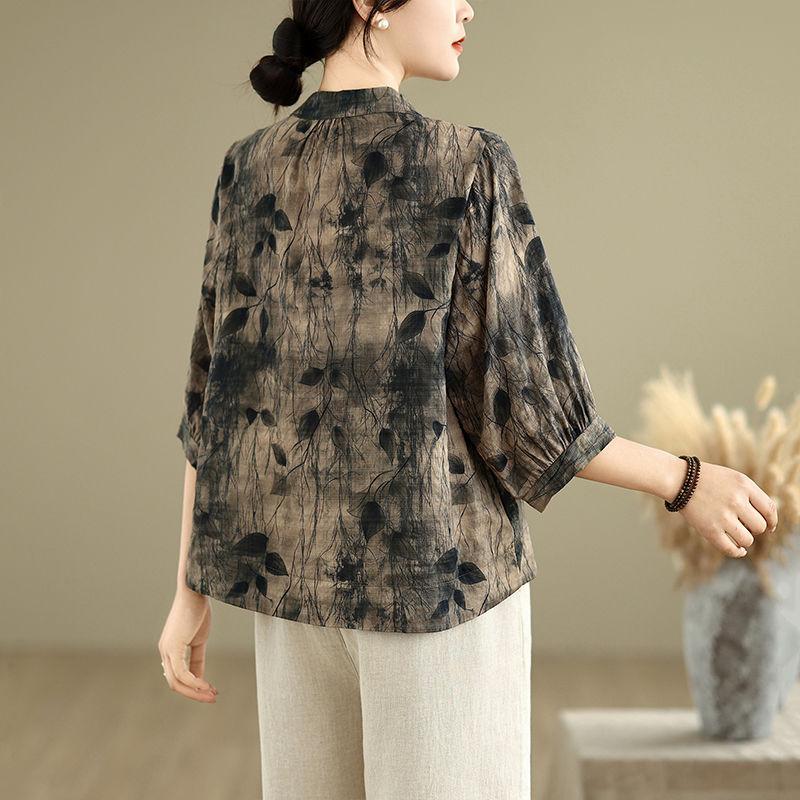 Women S Loose Cotton Linen Printed Vintage Style Summer Shirt M коричневый