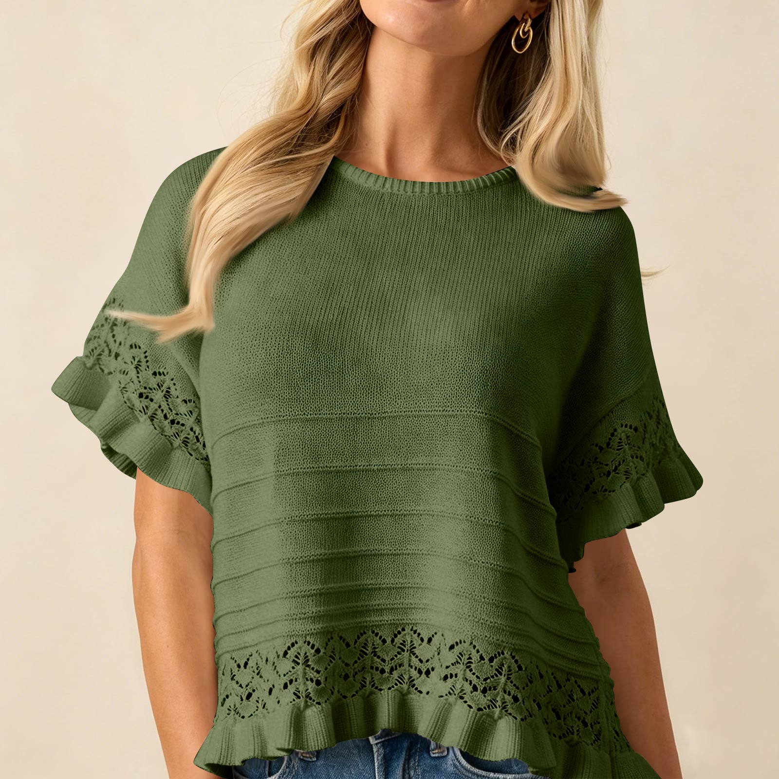 Summer New Women Knit Short Sleeve Sweater Round Neck Hollow Out Ruffle Hem Loose Fit Top Lightweight Casual Pullover S