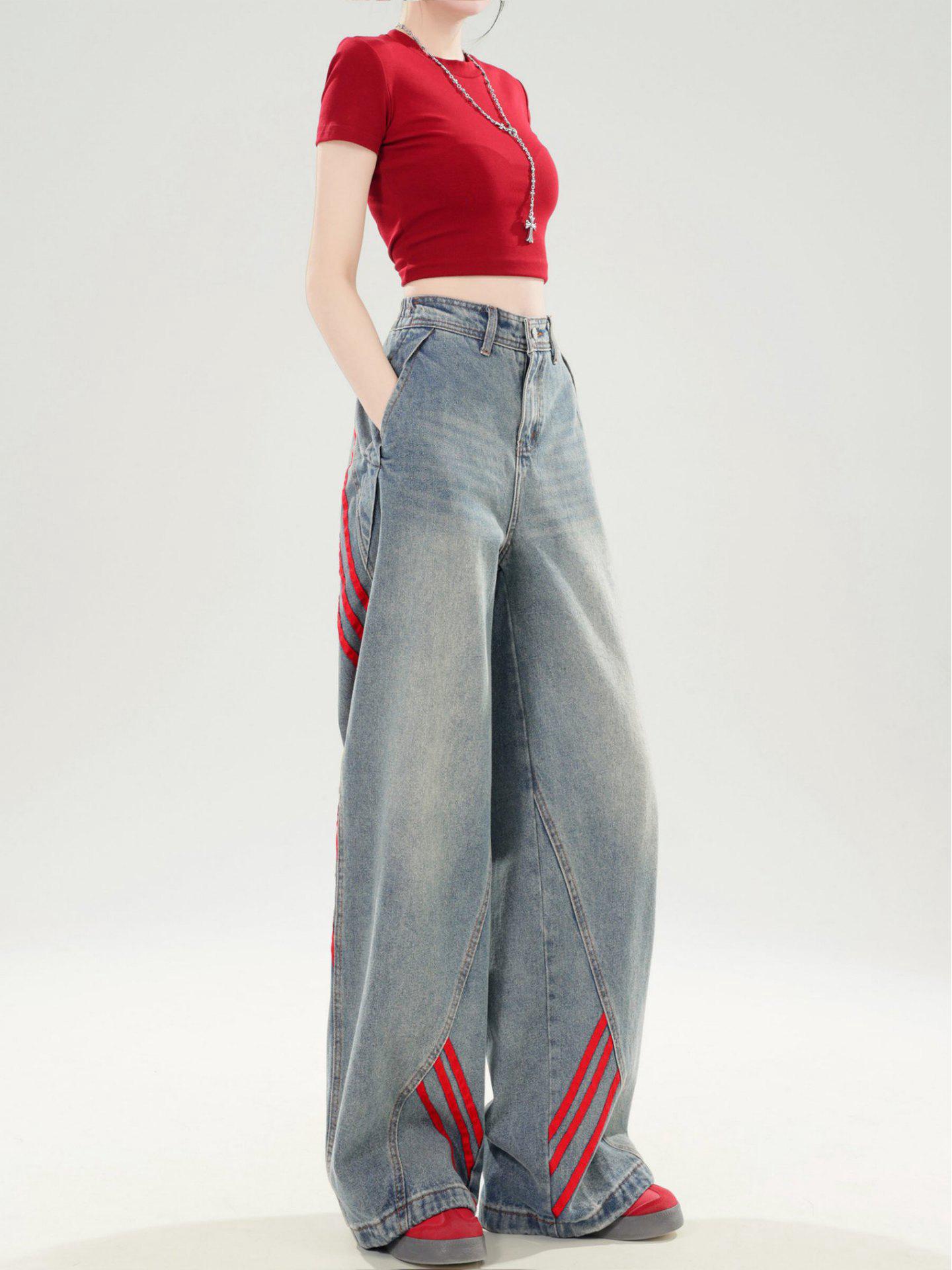 

Джинсы женские больших размеров с высокой талией, свободного кроя, в полоску пэчворк, с широкими штанинами 2XL