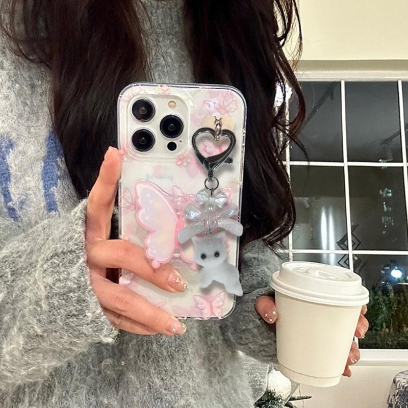 Flocking Animal Cartoon Keychain 3D Cat Shape Key Chain Fashionable Bowknot Pendant Phone Decorations for Women and Girl