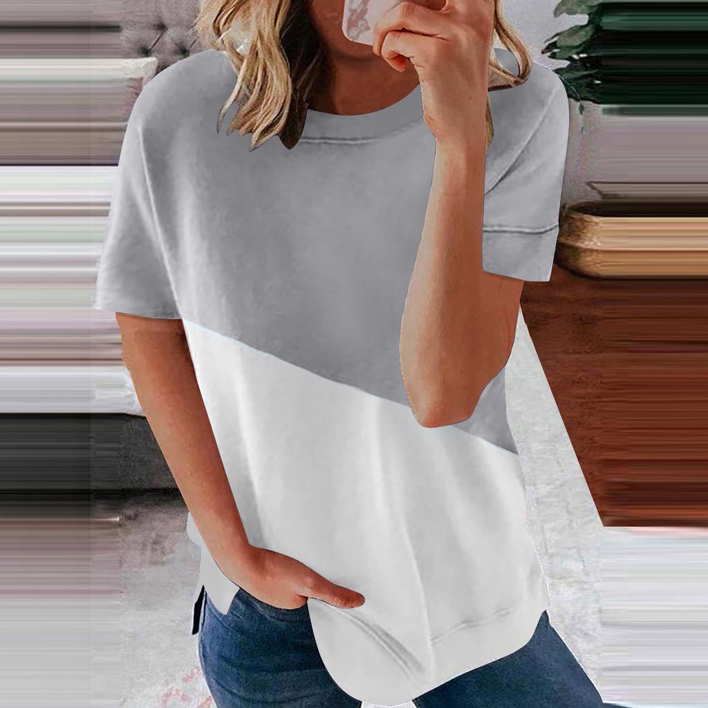 Women's Casual Fashion Short-Sleeved Stitching Round Neck Pullover Thin T-shirt