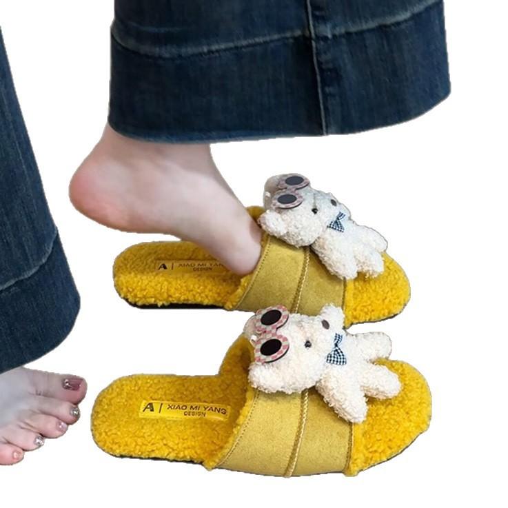 Bear casual fluffy shoes women's 2025 autumn and winter fashion three-dimensional cute cartoon outer wear versatile one-word cotton slippers