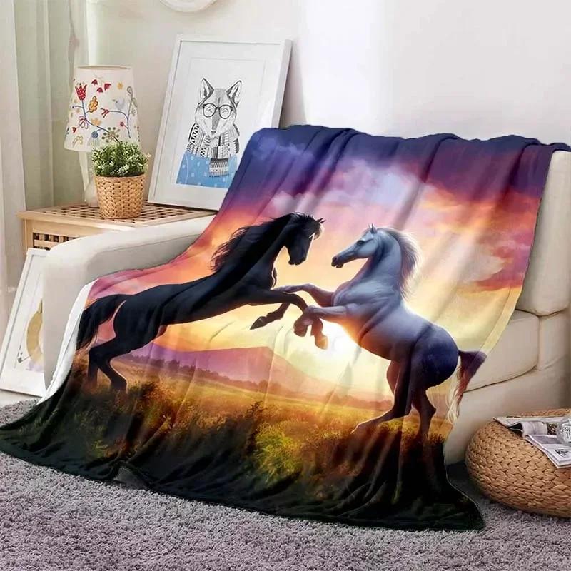 3D Cartoon Horse Print Flannel Throw Blanket – Soft Warm Picnic Blanket, Retro Home & Travel Birthday Gift, Cozy Comfort