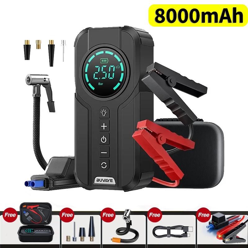 

BUVAYE автомобильный пусковой воздушный компрессор с портативным аккумулятором Power Bank, автомобильный усилитель аккумулятора 12 В, коробка для запуска с фонариком