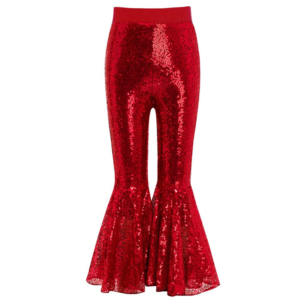 Girls Dance Performance Shiny Sequins Flared Pants Elastic Waistband Bell Bottom Trousers