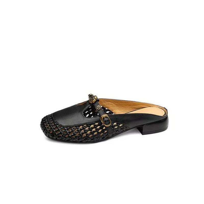 Woven hollow flat-soled sandals breathable soft leather inner heightening characters with flower bag head half slippers women's summer wear