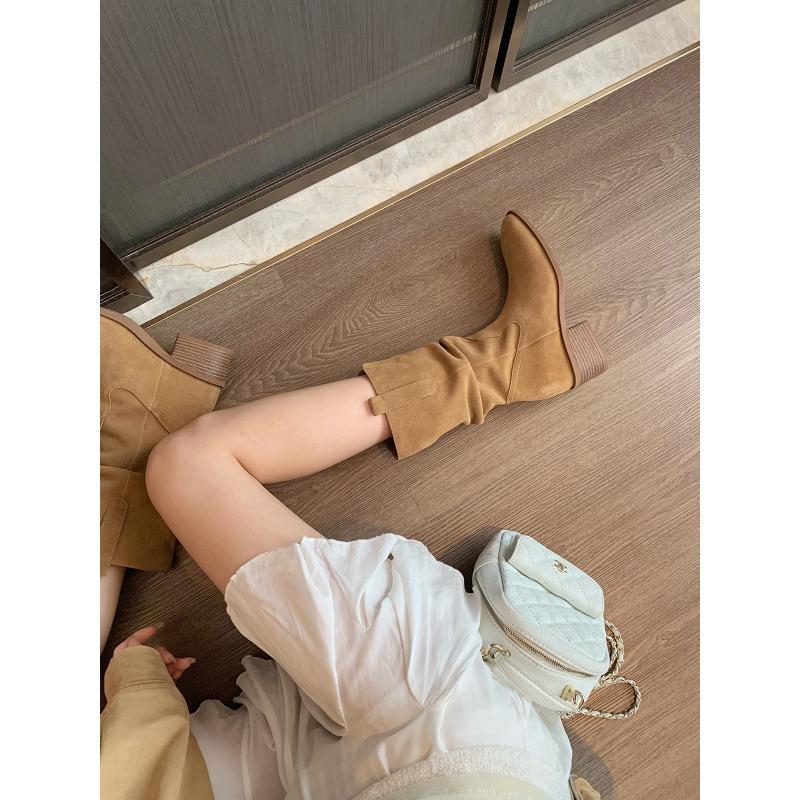 Cowhide Height Increase 8cm Round Head V Mouth Thick Heel Thin Pile Short Boots Female Western Cowboy Boots