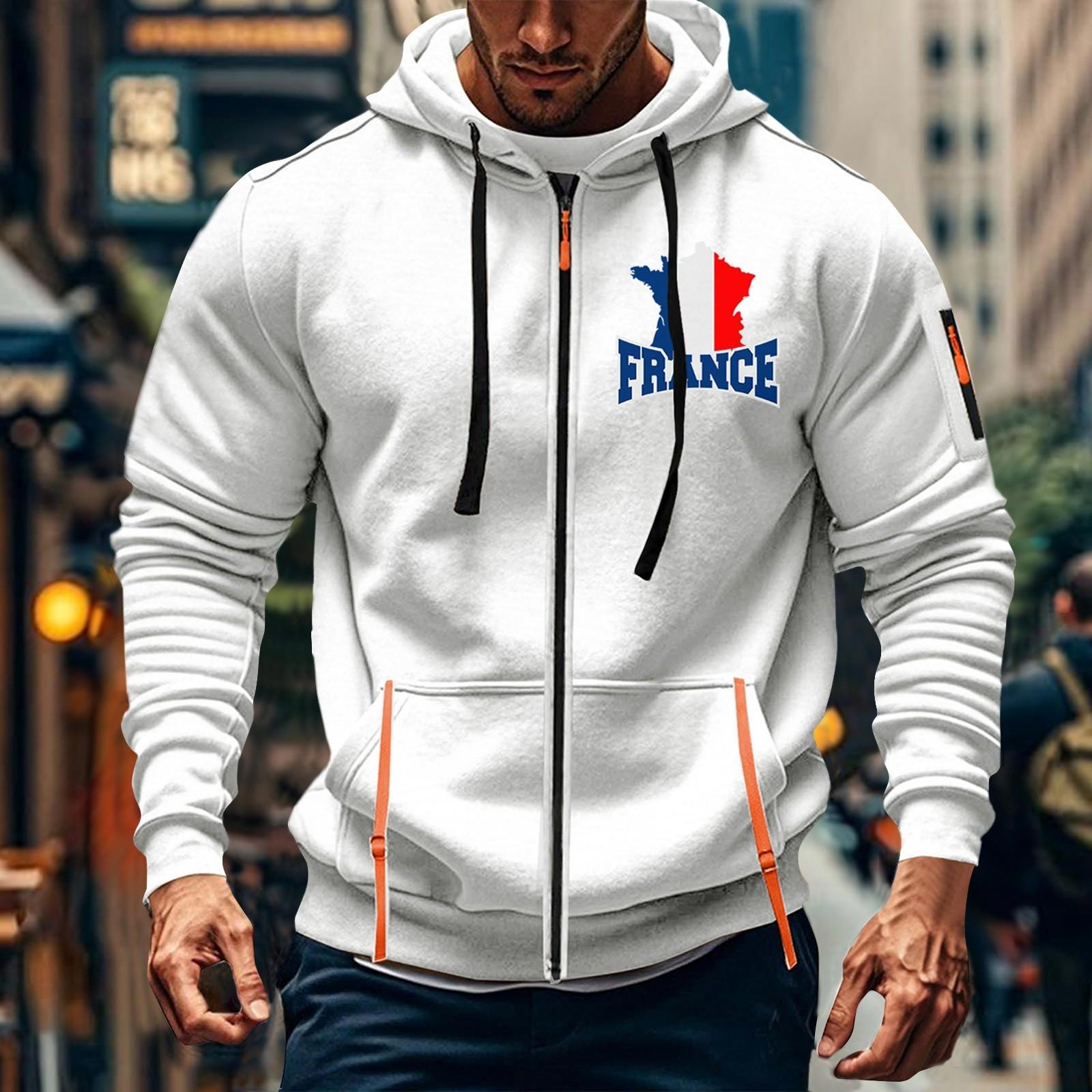 

ФРАНЦИЯ Мужская спортивная повседневная толстовка с капюшоном, кардиган с капюшоном на молнии и множеством карманов, пальто с капюшоном XL белый