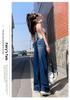 Women's Retro Dark Blue Embroidered Wide-Leg High-Waisted Jeans, 2025 Autumn Collection, Loose Slimming Floor-Length Trousers