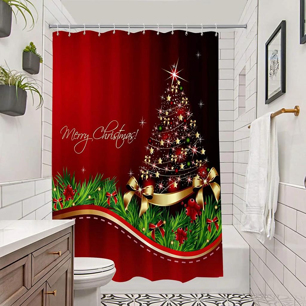 Red Christmas Shower Curtain Xmas Tree Print Bath Home Decor Winter Holiday New Year Bathroom Curtains Hooks Made Of Polyester Washable Washroom Ready