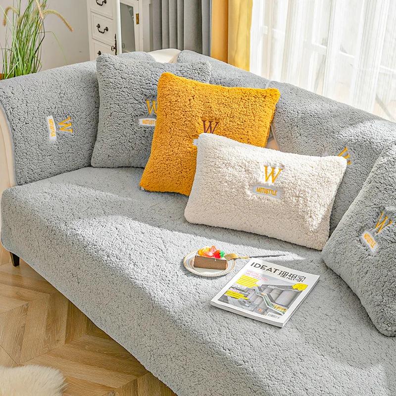 Lamb Plush Sofa Cushion Winter Warm Thickening Non-Slip Living Room Sofa Cover Cloth Universal Leather Sofa Recliner Cover