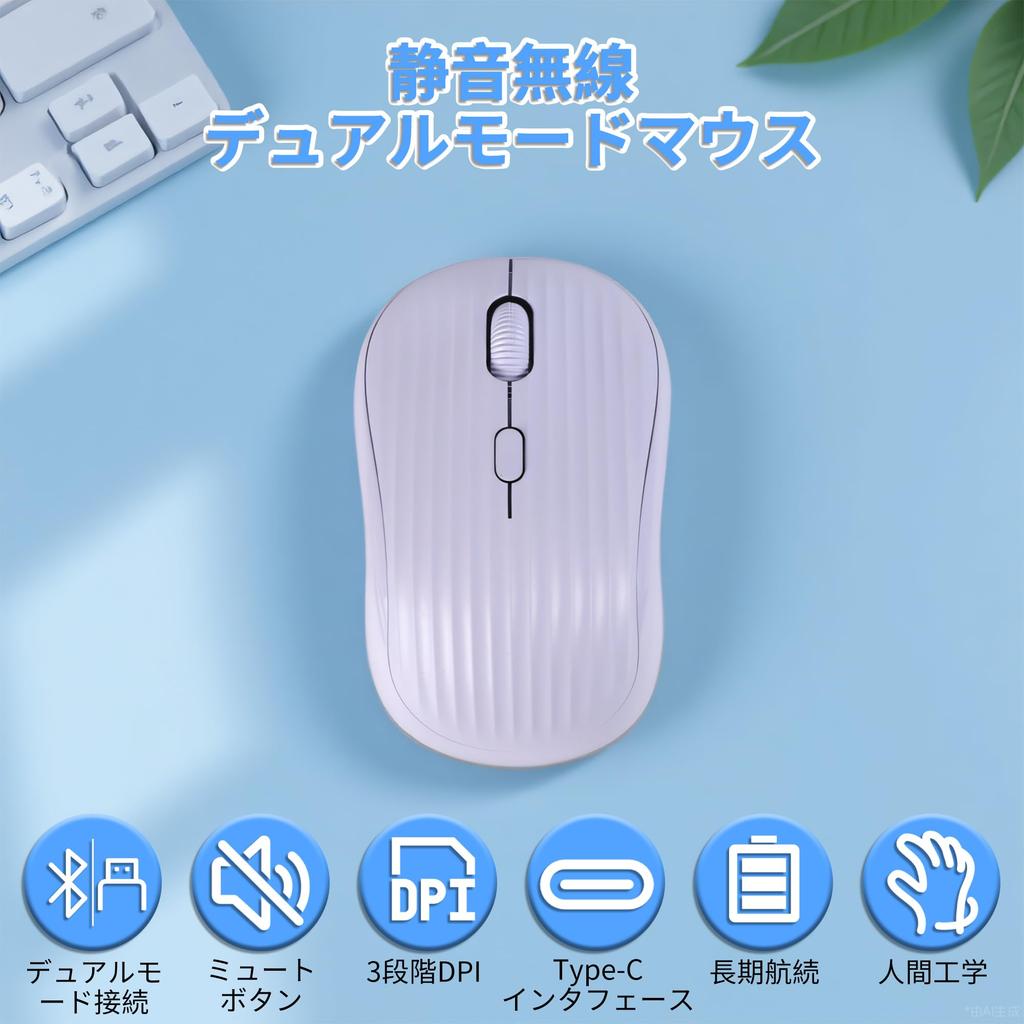 Wireless Bluetooth & 2.4GHz Quiet Mouse with 3 DPI Settings, USB Receiver, Type-C Rechargeable, Long Battery Life, Ergonomic Design, Stylish Striped