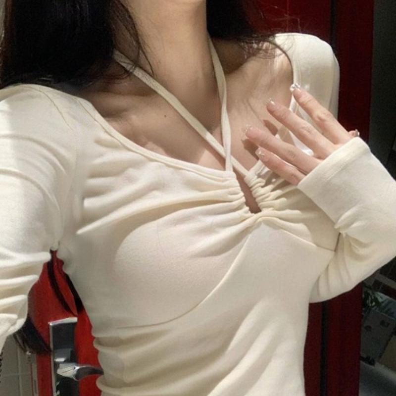 

Корейская сексуальная футболка Deeptown, женская винтажная уличная одежда, однотонный бандажный топ в стиле Харадзюку, рубашки Fairycore, футболки с длинными рукавами, весна-лето XL бежевый