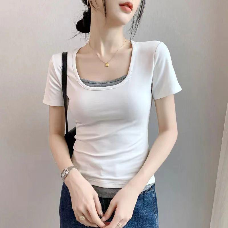 

Women s U-Neck Cotton Color Block Patchwork Slimming Short Sleeve Top M (45-50 kg) белый