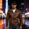 Giacca da Uomo in Pelle Slim con Collo Alto Retro e Bordi in Velluto