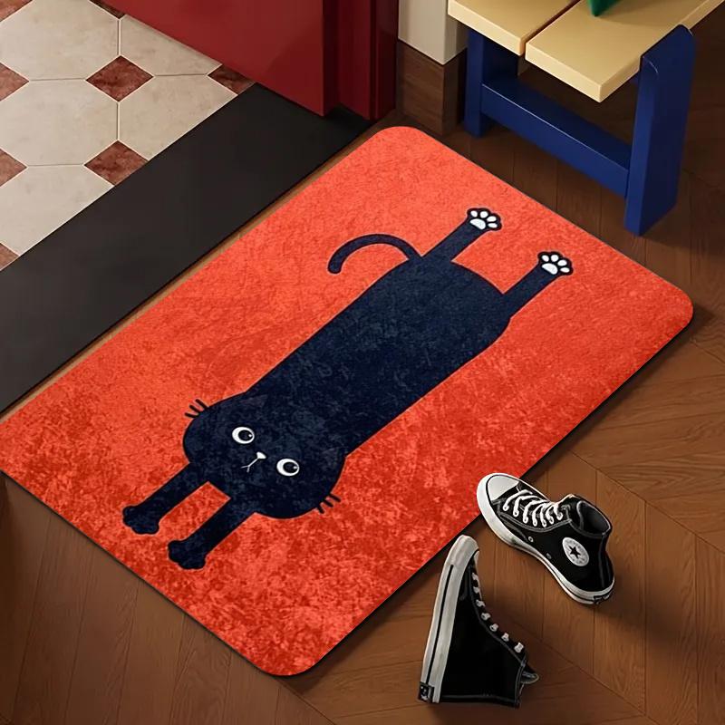 1pc Black Cat Doormat – Playful Feline on Red Background for Indoor & Outdoor Use carpet 40x60cm 50x80cm