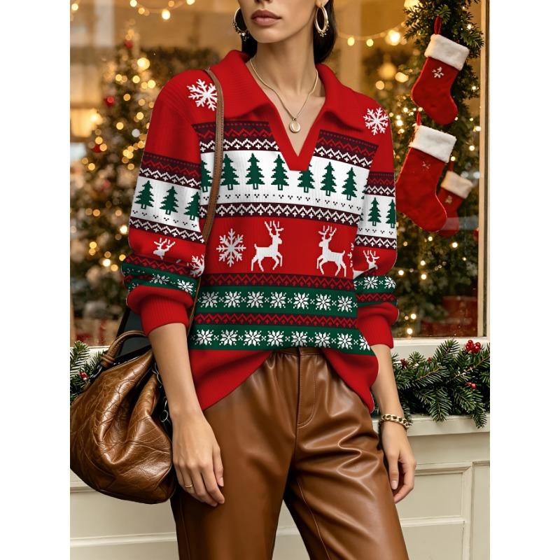 2026 New Women's Loose Printed Faux Wool Knitted Pullover Christmas Theme Red Lapel Top
